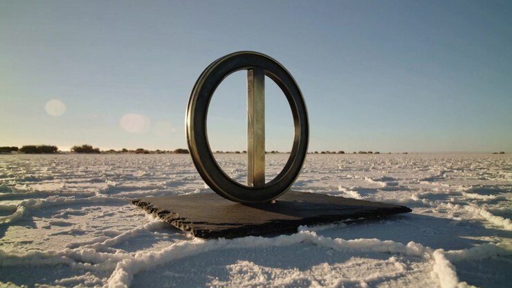 Rotating metal ring on bar on dark slate platform revealing profiles on snowfield with sun shifting