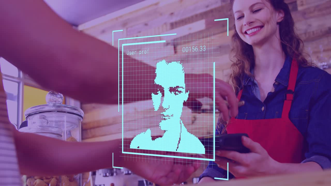 Animation of glowing blob over icons over businessman sitting on video call