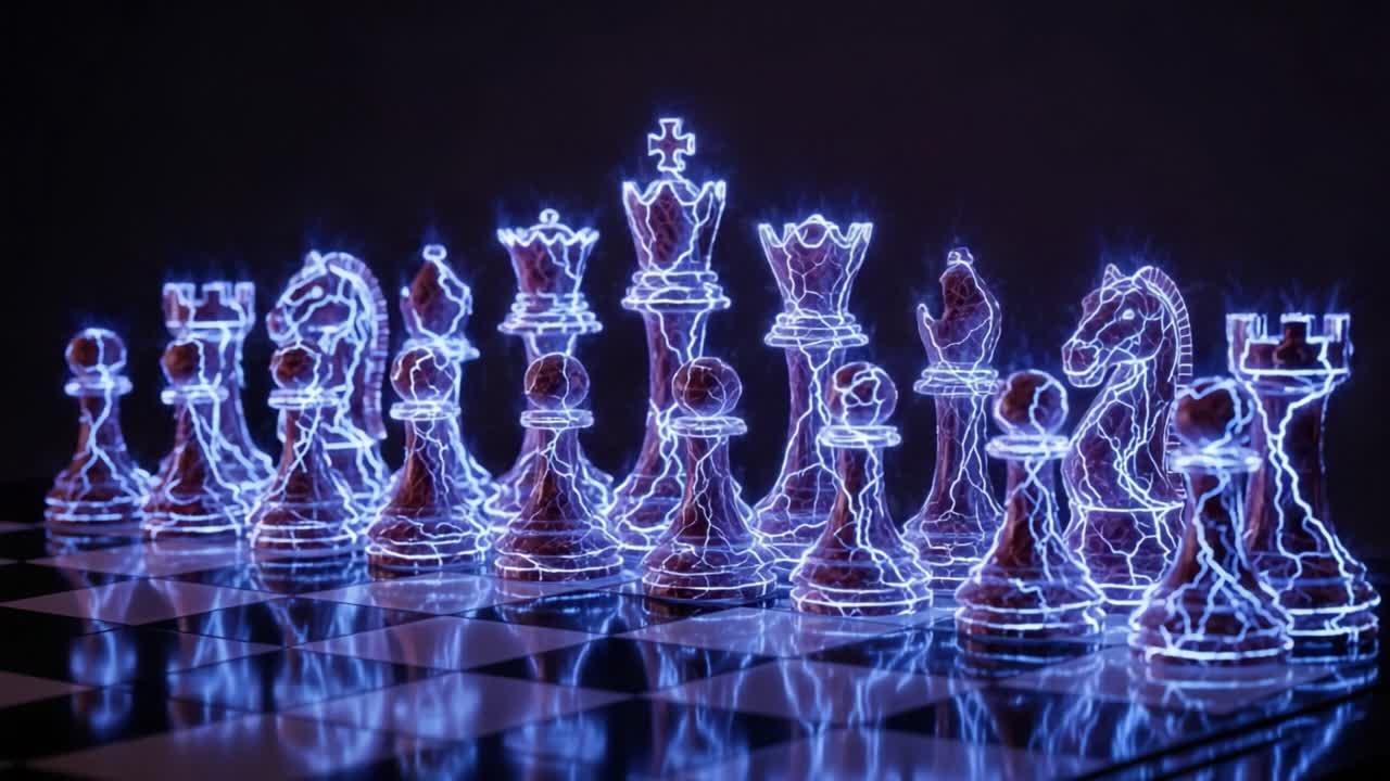 A Spectacular Display of Electrified Chess Pieces Illuminating the Board with Vibrant Lights in a Strategic Game of Intellect and Skill