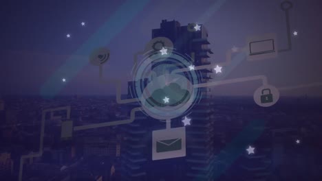 Animación-De-La-Red-De-íconos-Digitales-E-íconos-De-Estrellas-Brillantes-Sobre-El-Reloj-Contra-El-Paisaje-Urbano