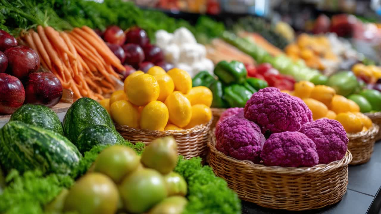 Vibrant Display of Fresh Produce: A Colorful Array of Fruits and Vegetables Showcasing Nature's Bounty in a Market Scene