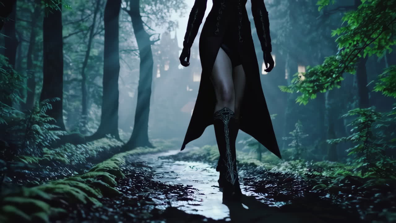 Woman Walking Through a Dark Forest