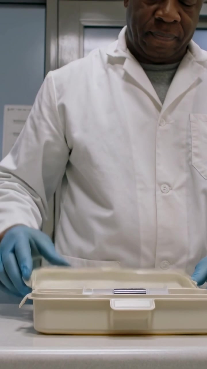 Vertical video: Lab tech in lab coat, gloves holding black plates, storing in beige box in lab