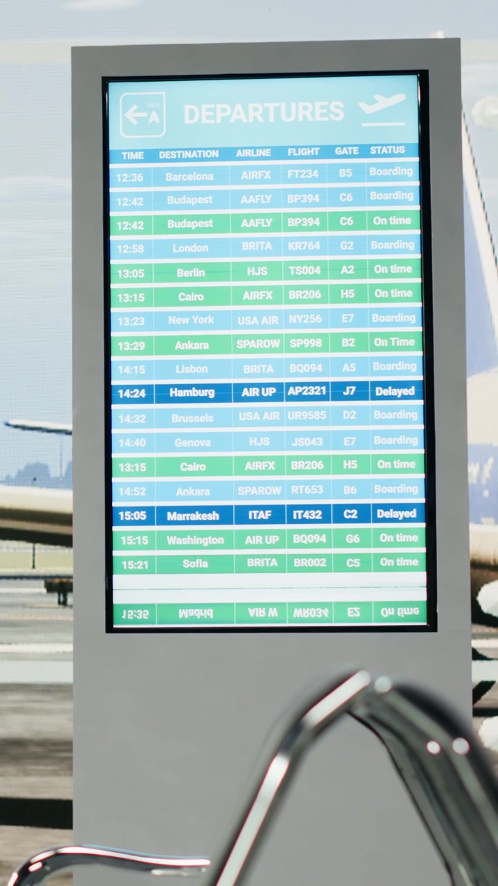 Vertical Video Empty airport lounge with view of the runway and board displaying flight details