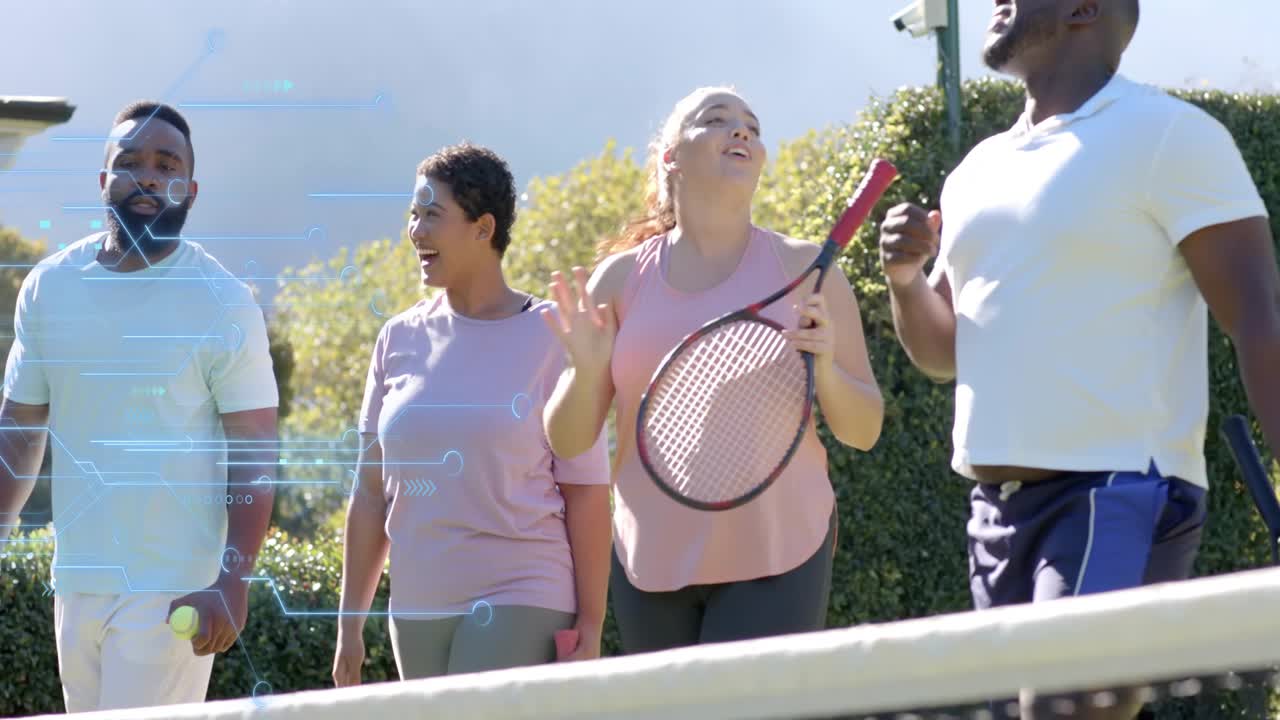 Four adult players standing on tennis court, reacting to tossed ball with blue HUD marking rackets
