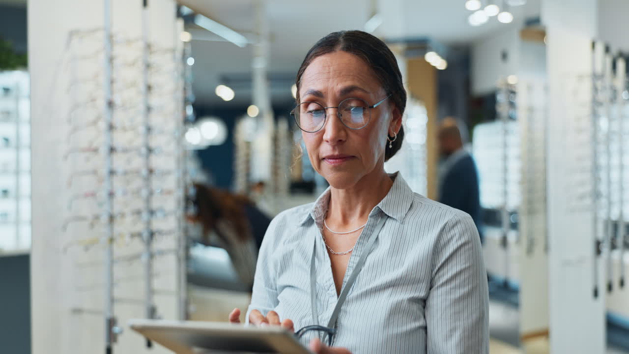 mujer óptica usando una tableta en una tienda de gafas