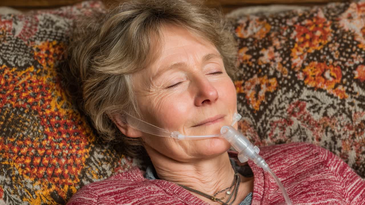 Un Individuo Sereno con gli Occhi Chiusi che Riposa Comodamente Utilizzando un Apparecchio di Assistenza Respiratoria, Evidenziando Momenti di Tranquillità e Gestione della Salute