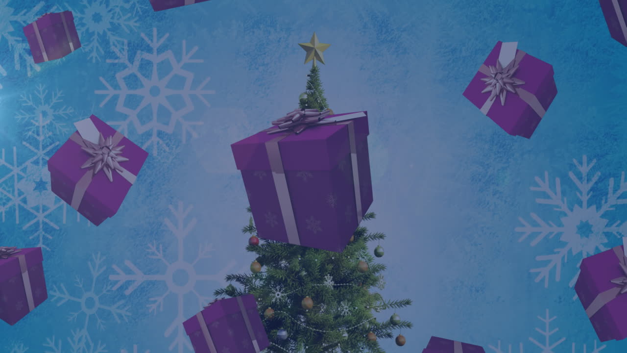 크리스마스 트리 위 에 떨어지는 선물 들 의 애니메이션