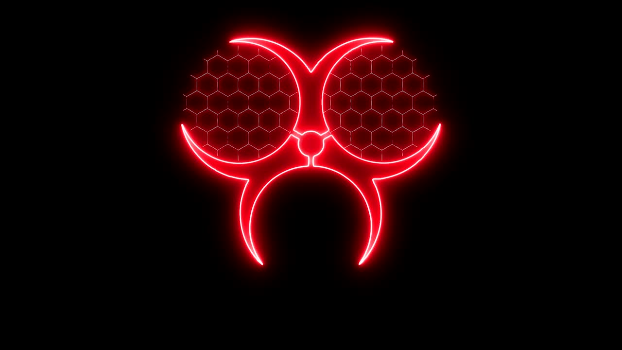 Stylized biohazard sign in red glow turns into the scary face of a monster