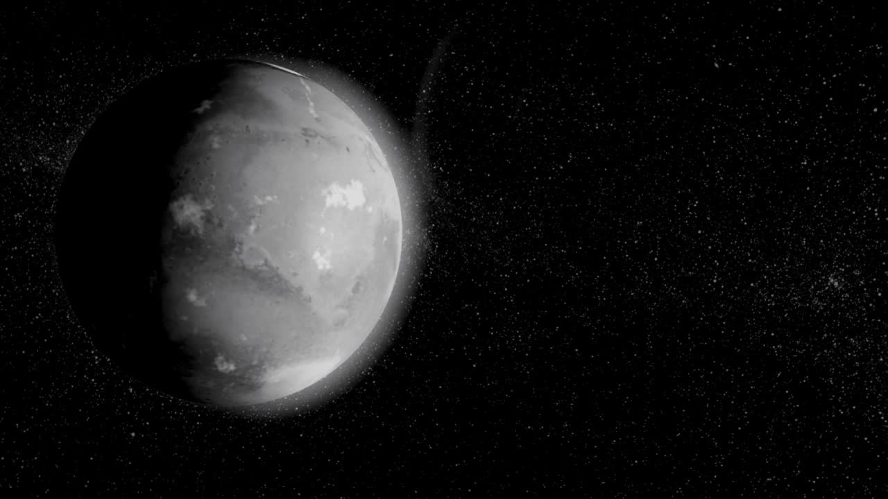 화성 애니메이션: 우주에서 화성 행성이 축을 중심으로 회전하며 배경에는 별들이 있습니다.