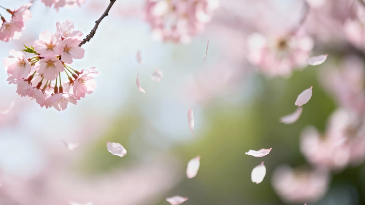 そよ風に舞うピンクの花びらが公園のフレームを横切り、左には桜の房、コピースペースあり。