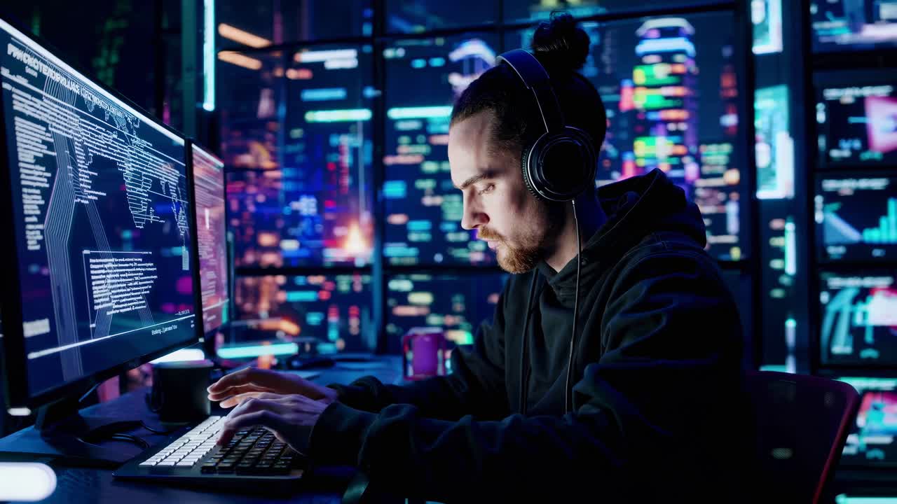 Video of a focused programmer coding in a dimly lit room with neon cityscape views