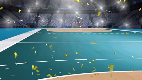 Digital-animation-of-golden-confetti-falling-against-soccer-stadium-in-background