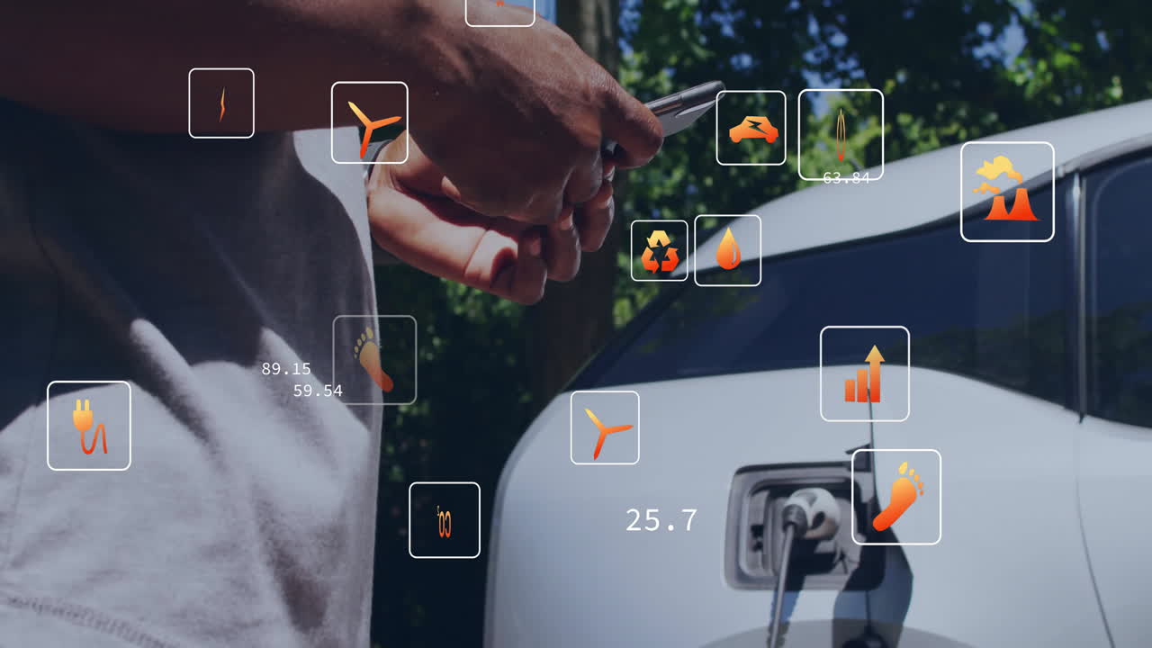 전기 자동차를 충전하는 백인 남자의 에코 아이콘의 애니메이션