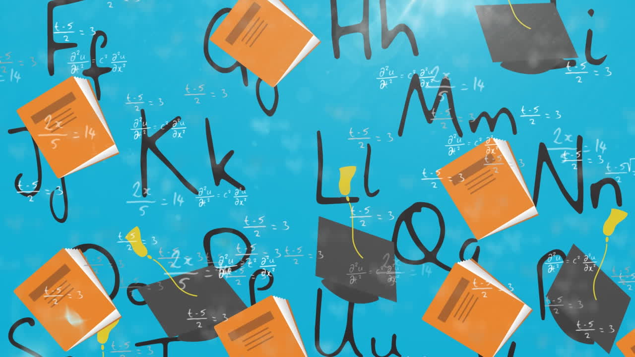 animación de letras e iconos en fondo azul