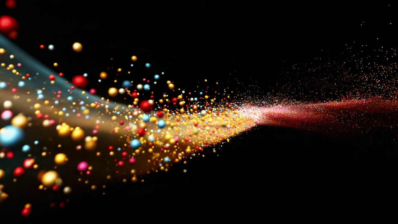 Un'esplosione dinamica di particelle colorate in movimento, che cattura l'essenza dell'energia e della vivacità mentre esplodono nello spazio su uno sfondo nero.