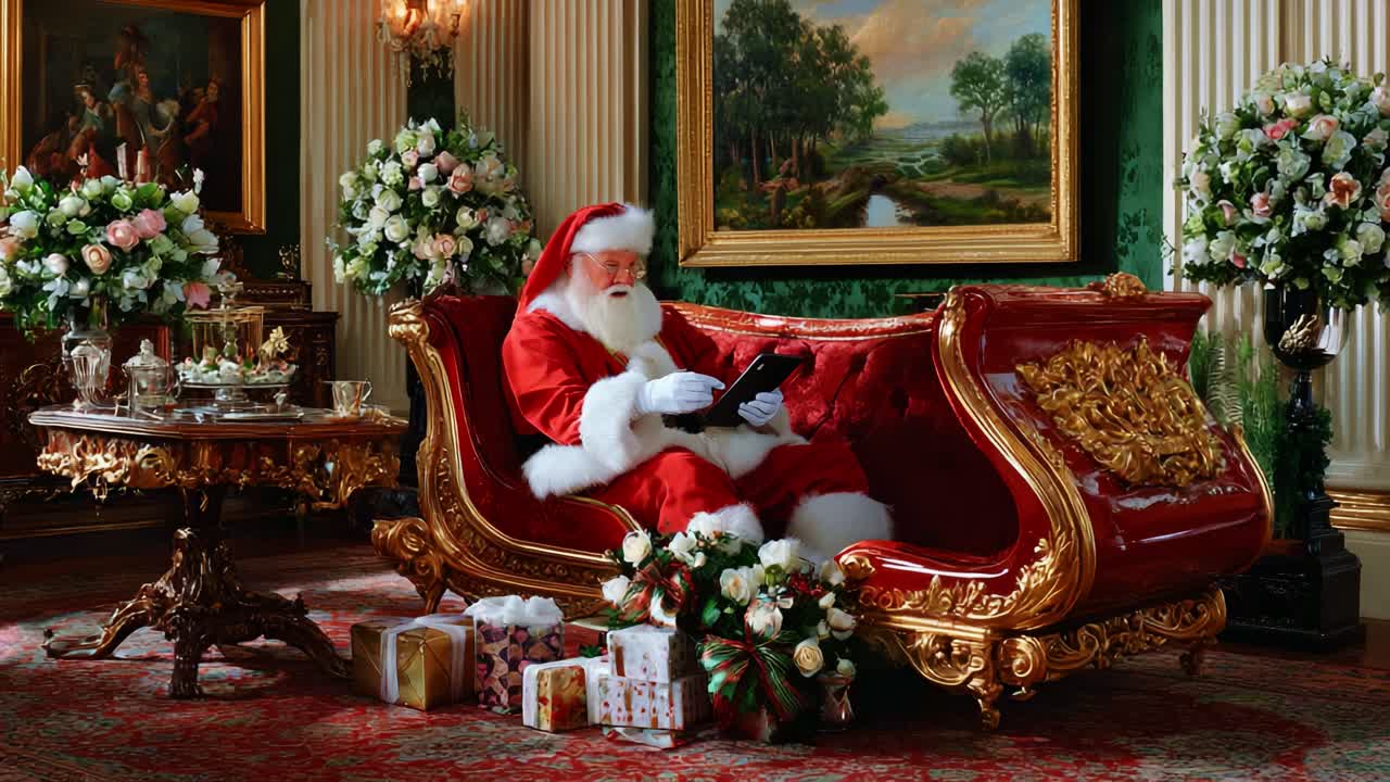 Santa Claus in Elegant Red Attire Relaxing on a Luxurious Sofa Surrounded by Christmas Decorations, Gifts, and a Beautifully Adorned Room Full of Holiday Cheer