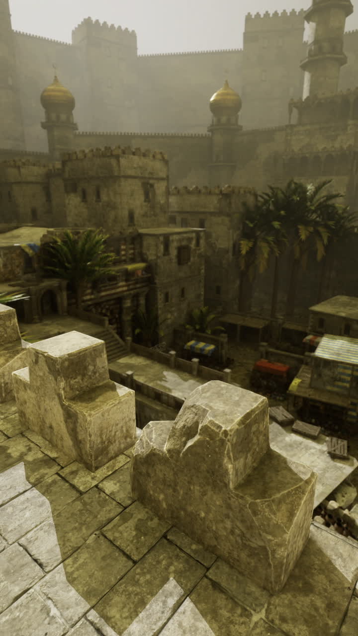 Ancient cityscape with palm trees and historical architecture at dusk