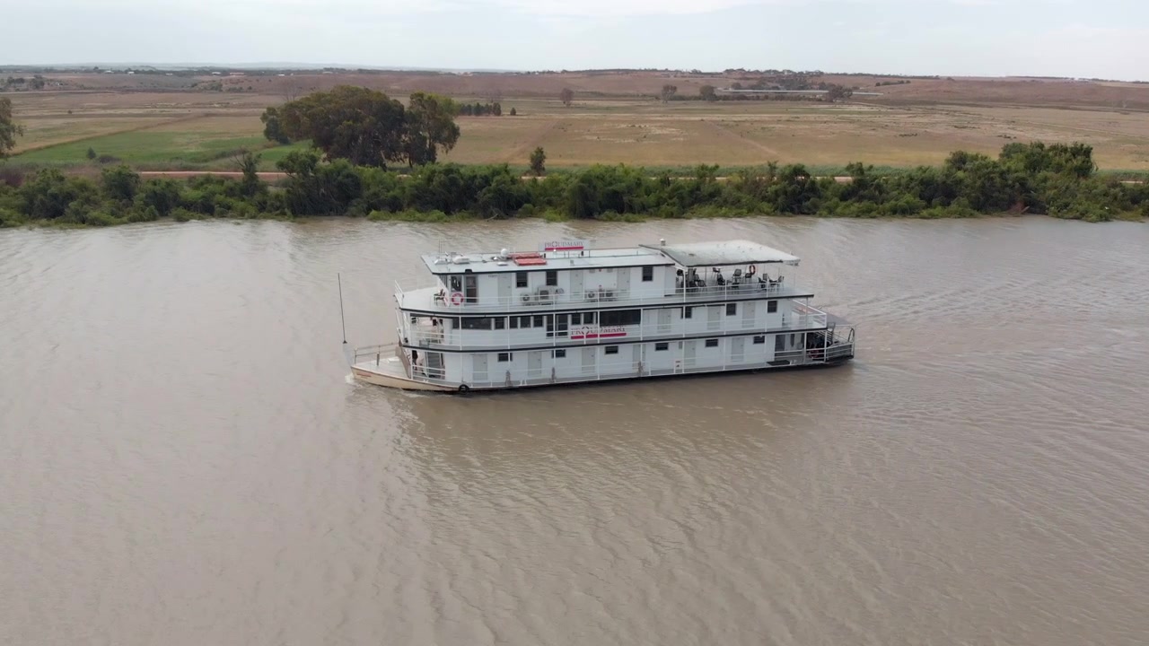 Droneklip af fugle, der jager en husbåd på Murray River i South Australia