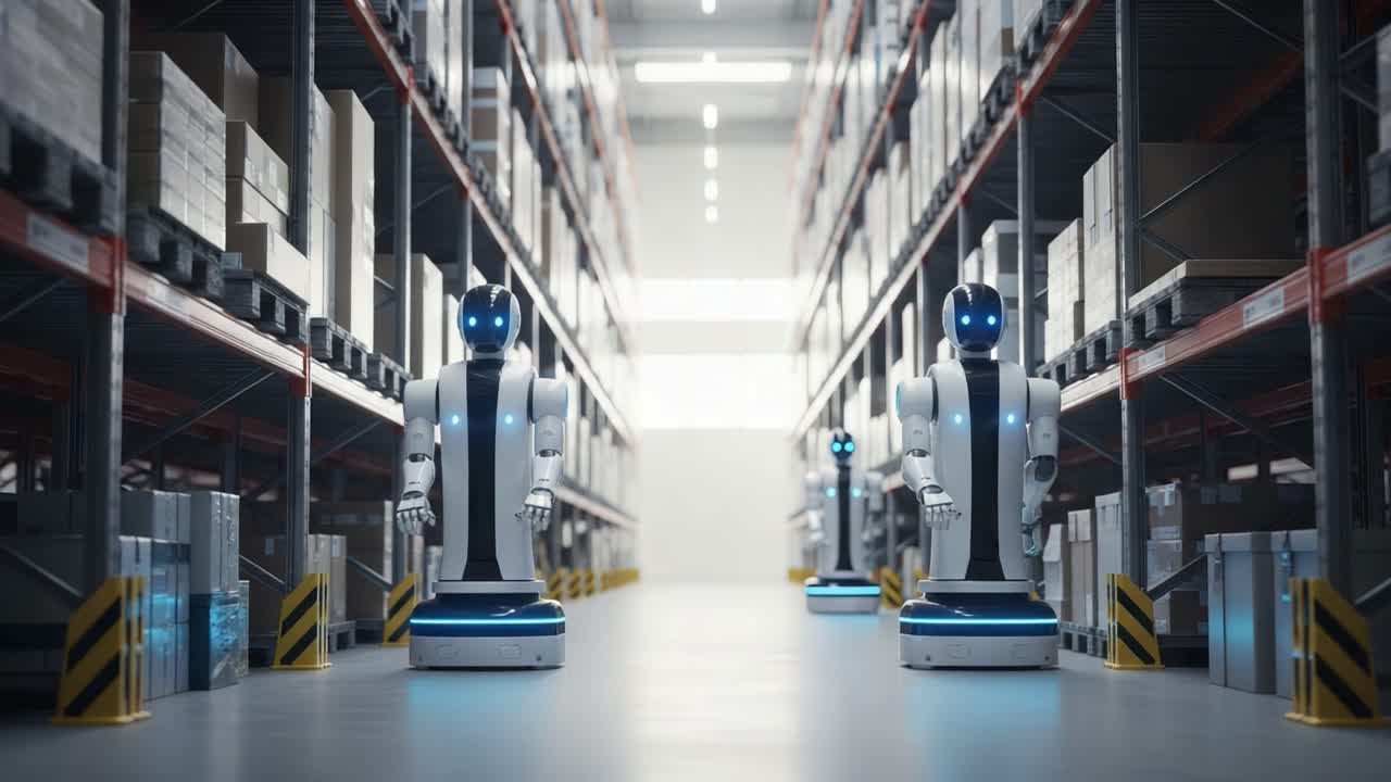 Innovative Warehouse Automation: A Glimpse into the Future with Intelligent Robots Navigating Storage Aisles and Streamlining Logistics in a Modern Warehouse Environment