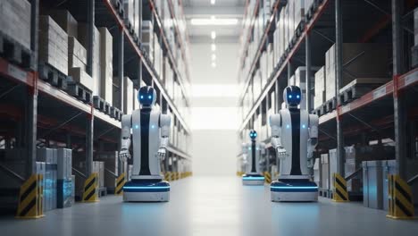 innovative warehouse automation: a glimpse into the future with intelligent robots navigating storage aisles and streamlining logistics in a modern warehouse environment