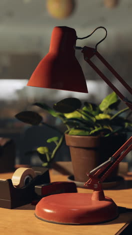 a red desk lamp on a desk with a plant