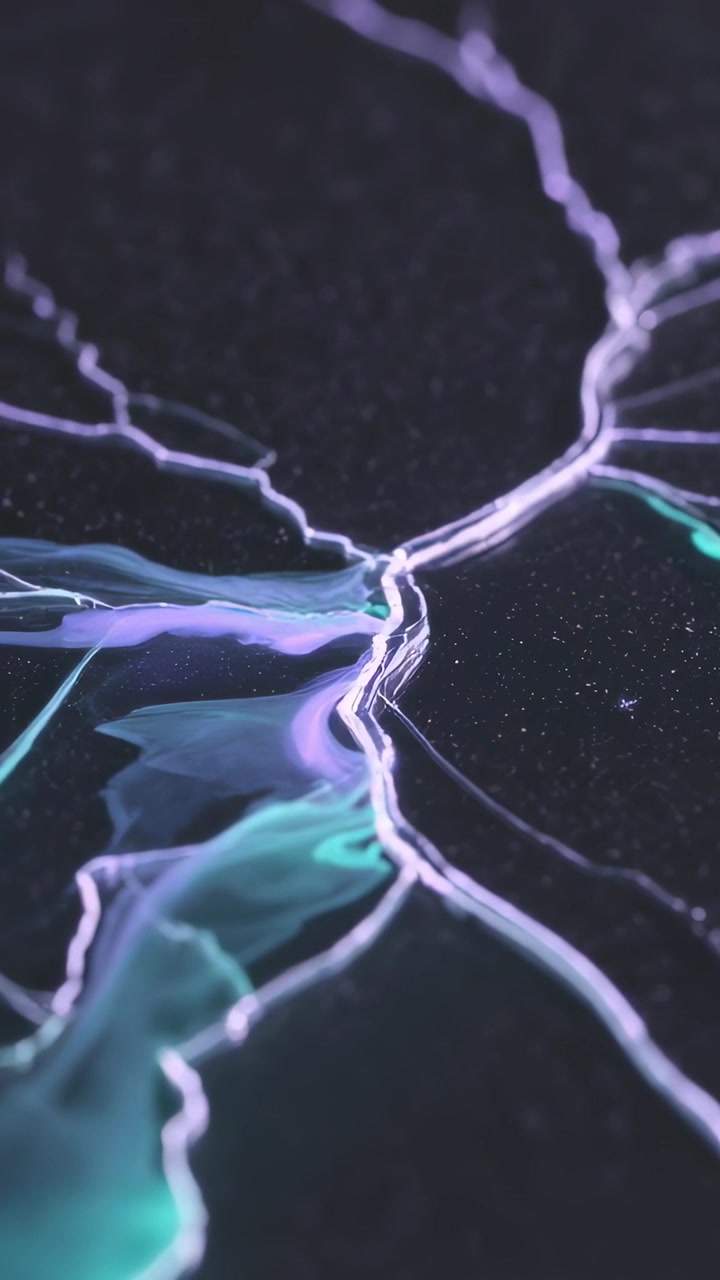 Vertical video: Pulsing glowing seam pushing teal ribbons as energy tracing along veins over stars