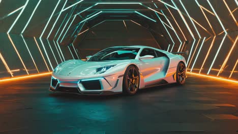 futuristic white sports car in a neon lit tunnel