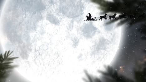 Animation-of-santa-claus-in-sleigh-with-reindeer-over-snow-falling-and-sky-with-moon