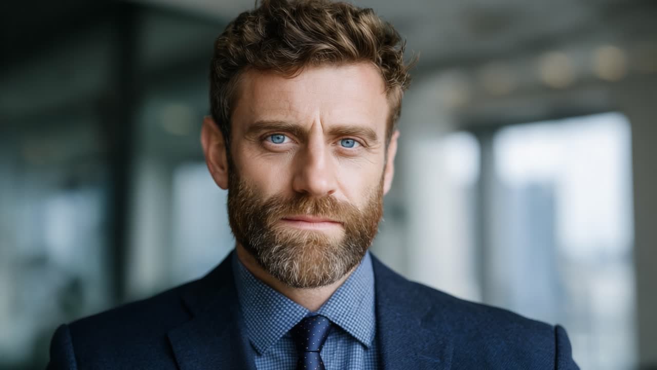 Uomo d'affari sicuro di sé che posa elegantemente in un moderno ufficio, trasudando professionalità e carisma con un'espressione pensierosa e un abbigliamento elegante