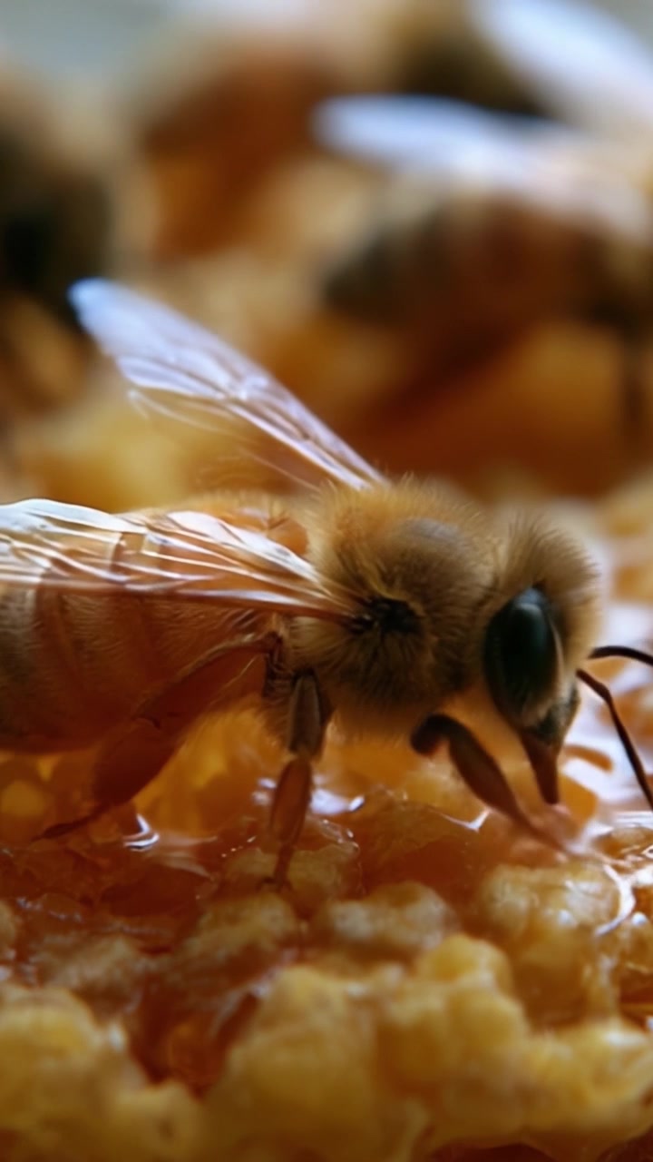 Un incontro ravvicinato con api mellifere che raccolgono nettare da un dolce favo dorato: L'affascinante vita degli impollinatori in azione.