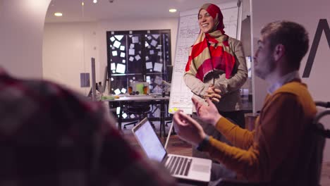 muslim woman in a modern open space coworking office giving a presentation to team. middle eastern arab businesswoman in creative startup office. disabled businessman in a wheelchair on team meeting