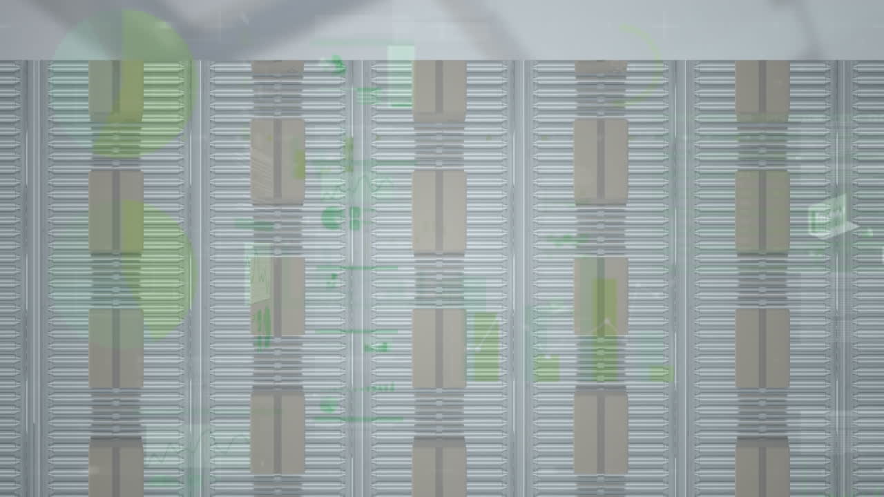 배경에서 컨베이어 벨트에 있는 카드보드 상자 위에서 통계 처리의 애니메이션