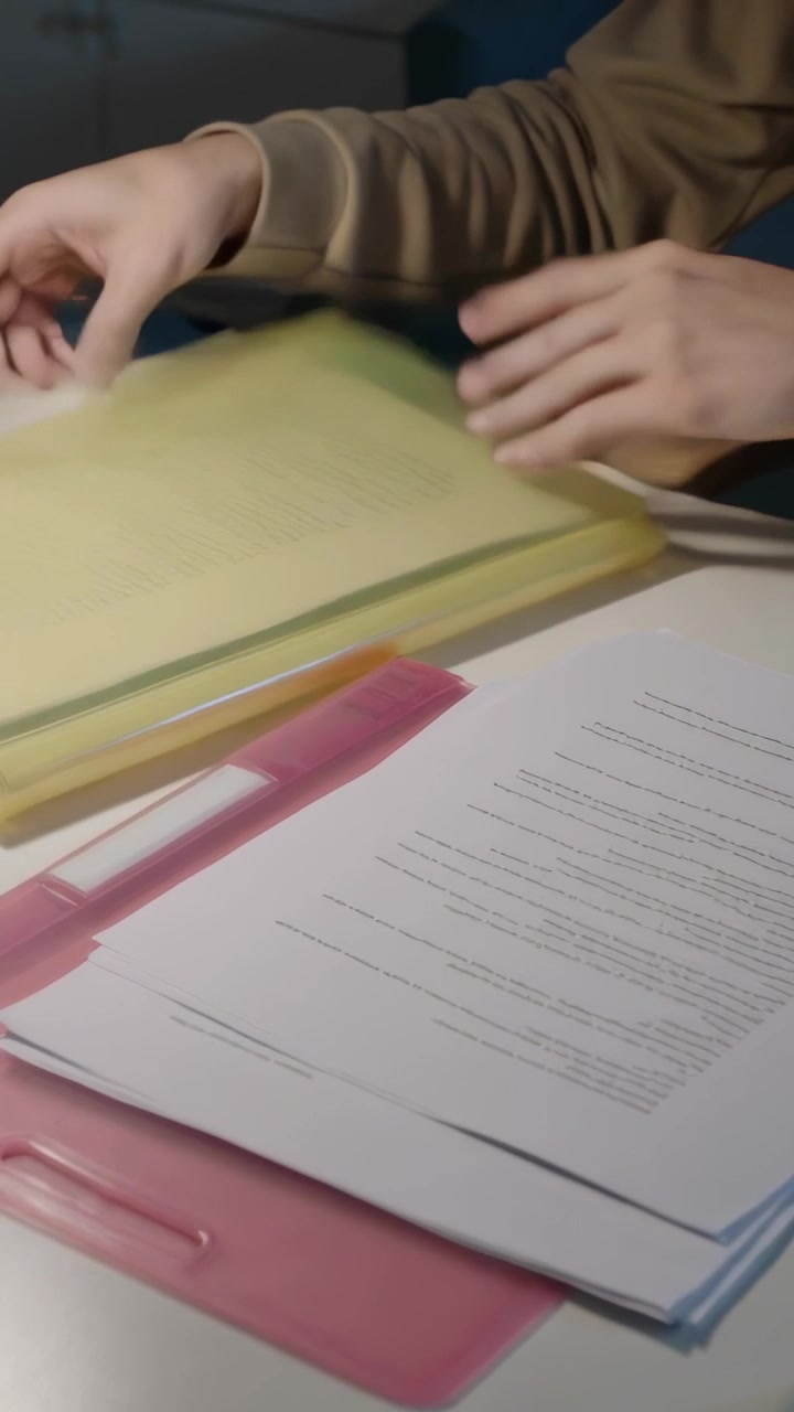Video verticale: Mani sospese che ordinano una pila di documenti in una cartella gialla sulla scrivania per l'archiviazione, con manica beige.