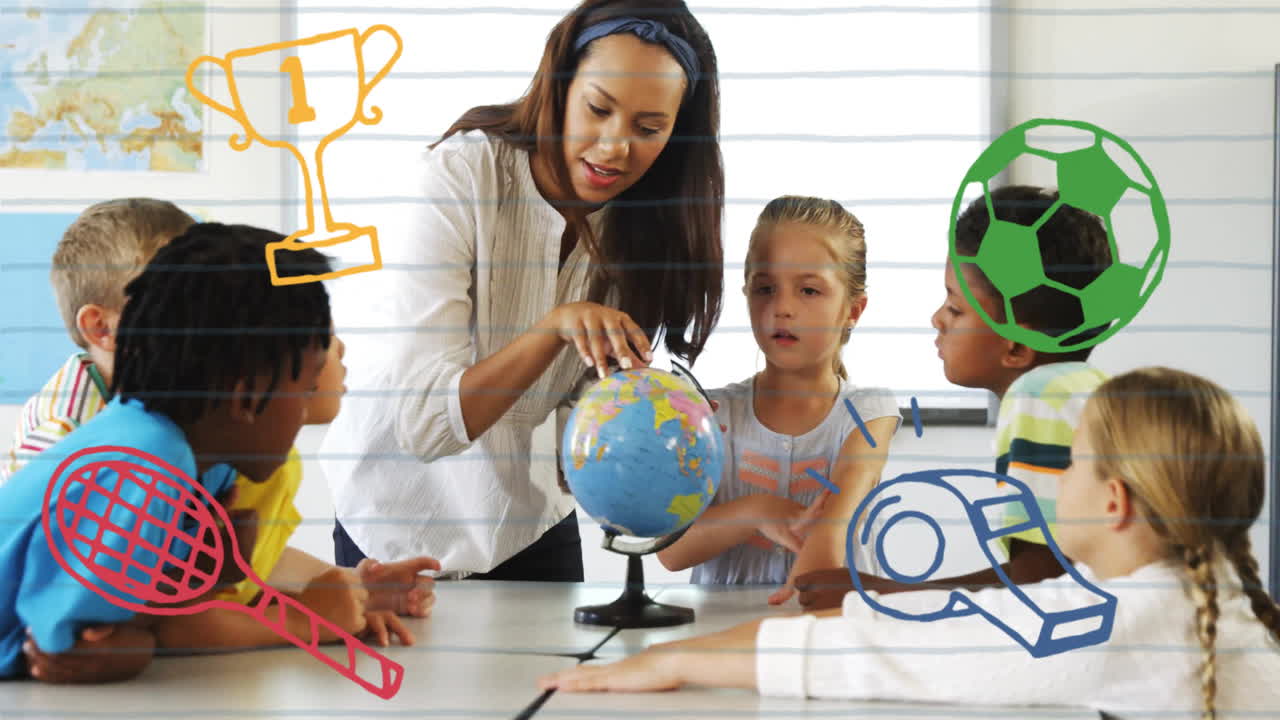Showing globe to children in school with sports equipment animation in classroom