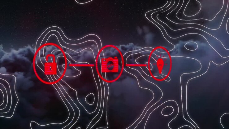 Animation of red network of media icons and white contour lines over clouds in dark sky