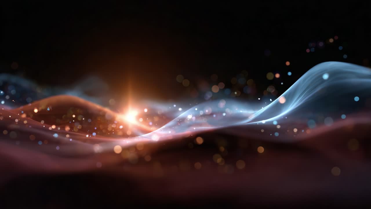 Splendide onde astratte di luce e colore con particelle scintillanti che creano un'atmosfera eterea e onirica per effetti visivi e design di sfondi