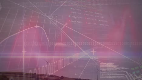 Animation-Verbundener-Punkte,-Diagramme-Und-Handelstafel,-Binärcodes,-Computersprache-Auf-Windmühlen