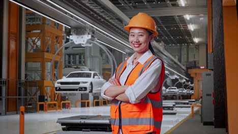 vista lateral de una ingeniera asiática con casco de seguridad cruzando los brazos y sonriendo mientras está de pie en una fábrica de automóviles ev