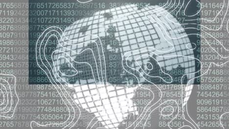 Animation of globe and white lines over data processing