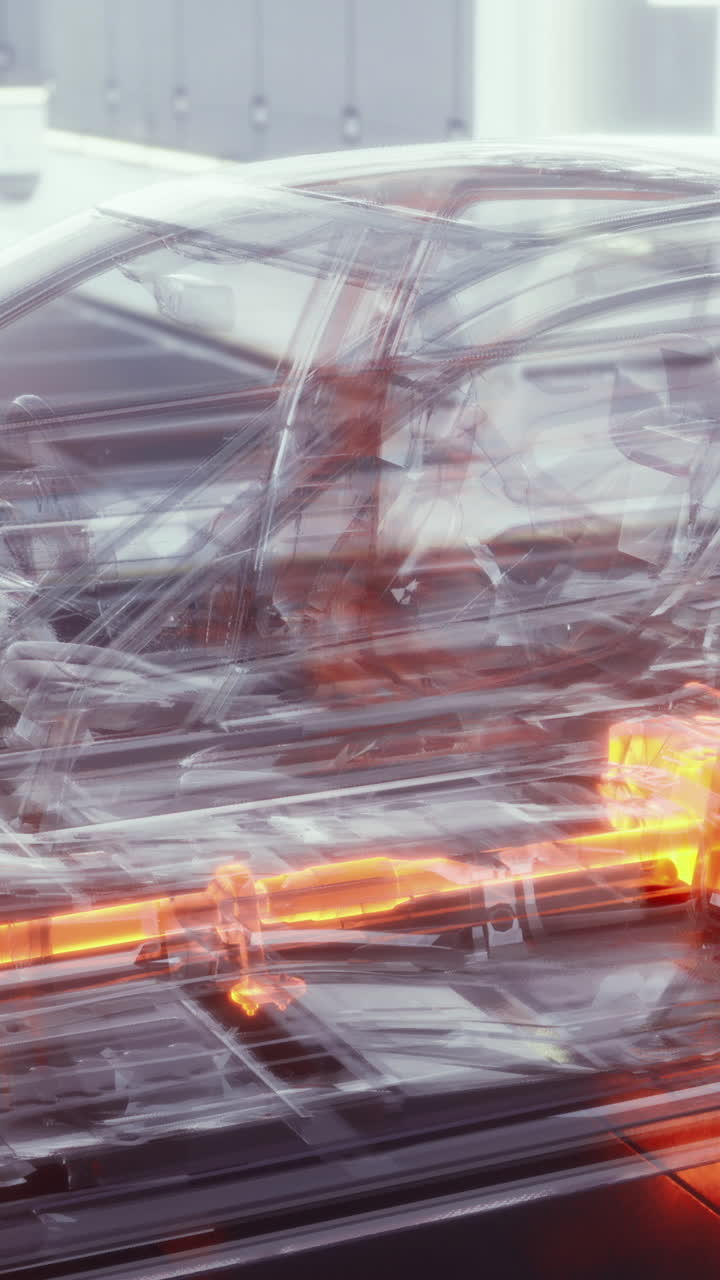 Transparent car design showcasing intricate internal components in motion