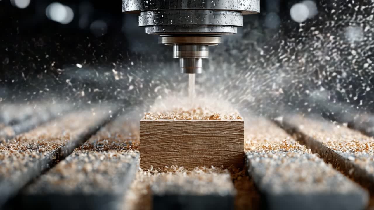 Precision Woodworking: Capturing the Intricate Process of a CNC Router Milling a Wooden Block with Flashes of Sawdust and Water Mist in a High-Tech Workshop Setting
