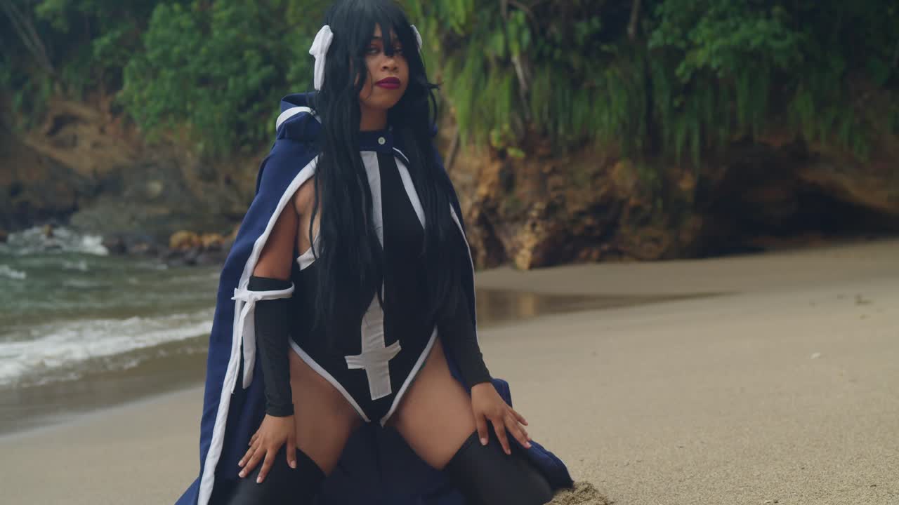 A futuristic scene featuring a light-skinned girl in neon sci-fi cosplay standing on a beach where Caribbean nature meets high-tech aesthetics