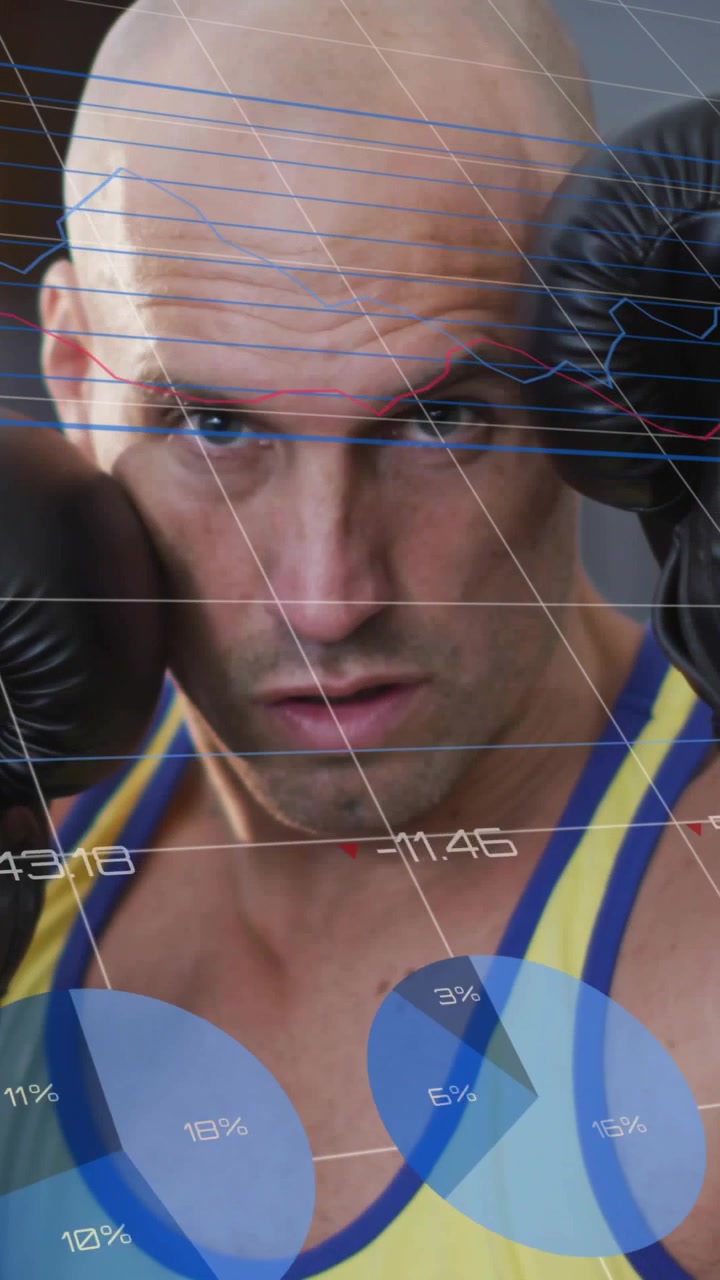 Holding boxer keeping guard in gym, with yellow tank top, blue trim, black gloves and HUD