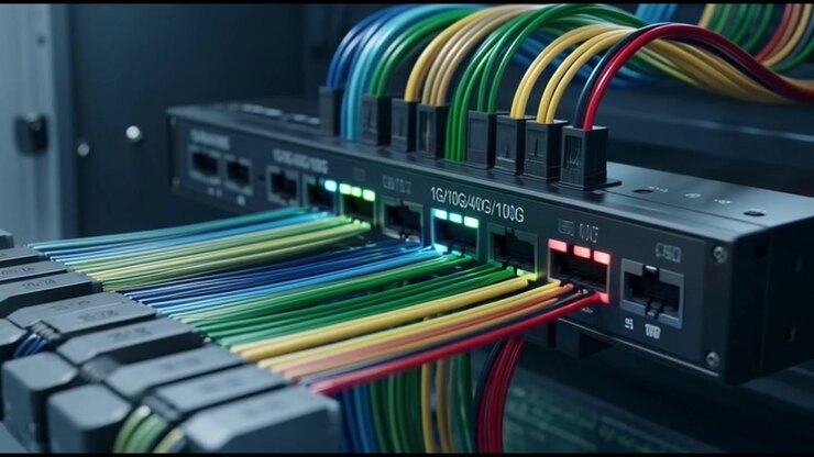 Close-up of Network Switch with Colorful Fiber Optic Cables in Data Center