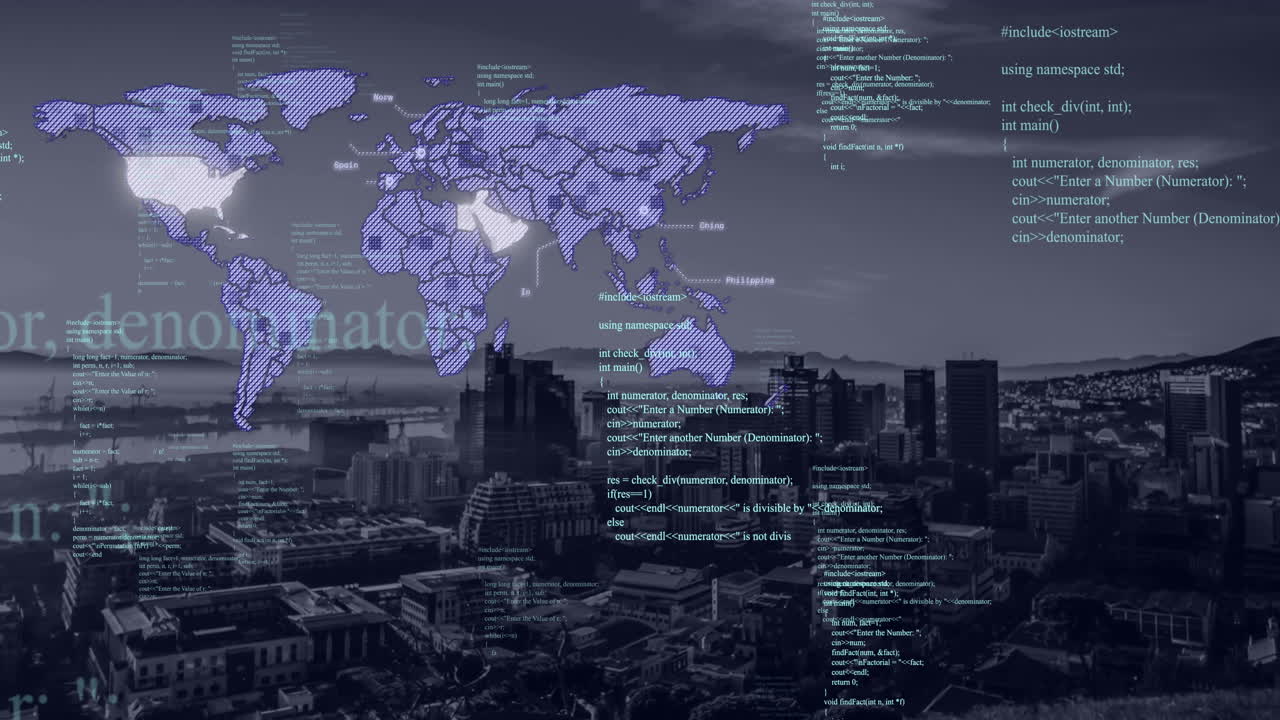 animación del procesamiento de datos y mapa del mundo sobre el paisaje urbano