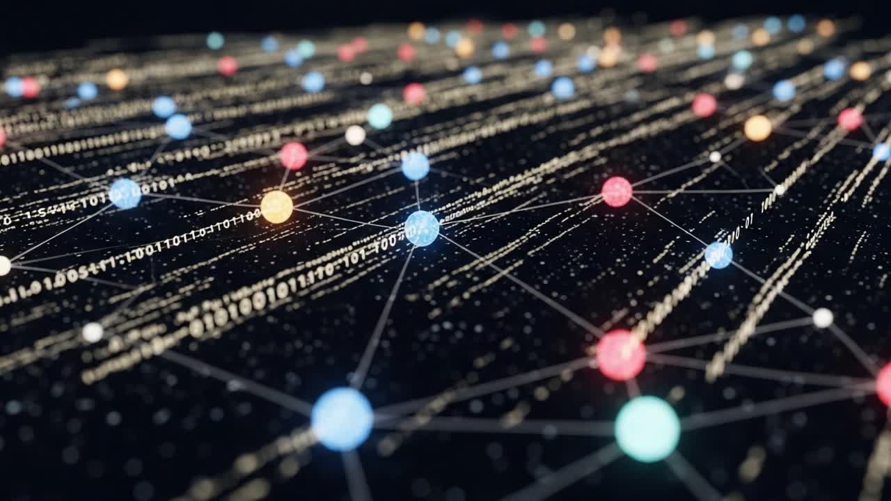 Exploring the Dynamic Connection of Data Points and Information Flow in a Futuristic Digital Network Landscape Represented by Vibrant Nodes and Complex Patterns