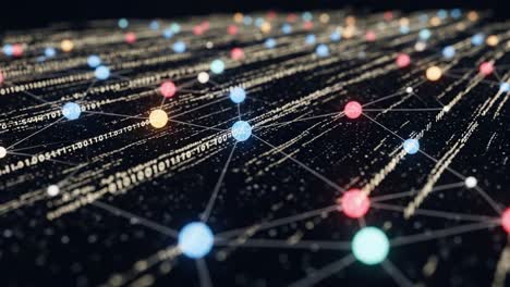 exploring the dynamic connection of data points and information flow in a futuristic digital network landscape represented by vibrant nodes and complex patterns