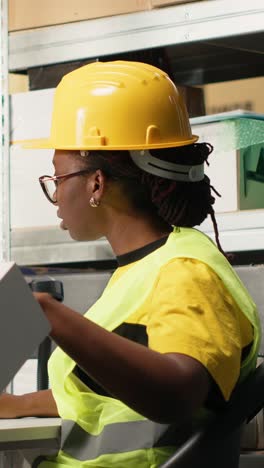 vertical video storehouse black worker reviewing digital shipment status