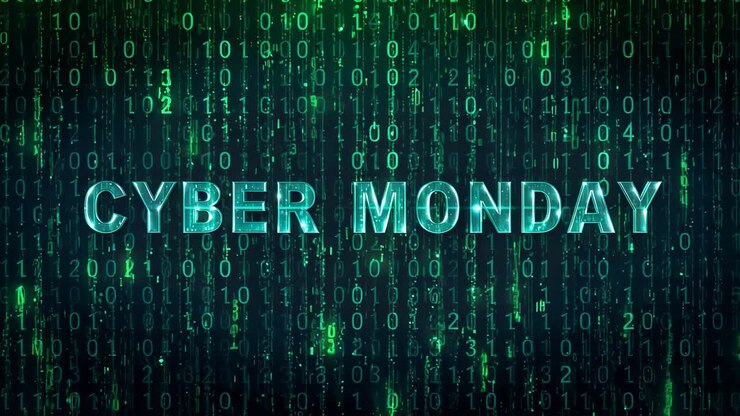 Starting CYBER MONDAY headline revealing and settling for promo in digital field, with binary rain